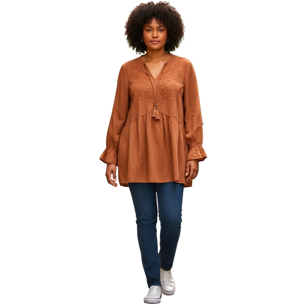 Monroe & Main Womens 3X Rust Brown Embroidered Tassel Peasant‎ Tunic Top Boho